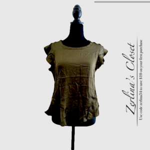 Chaser Olive Green Satin Blouse Ruffle Sleeves M